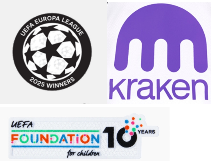 UEFA EUROPA LEAGUE 2025 WINNERS & UEFA FOUNDATION 10 YEARS BADGES & KRAKEN Sponsor (Blue)